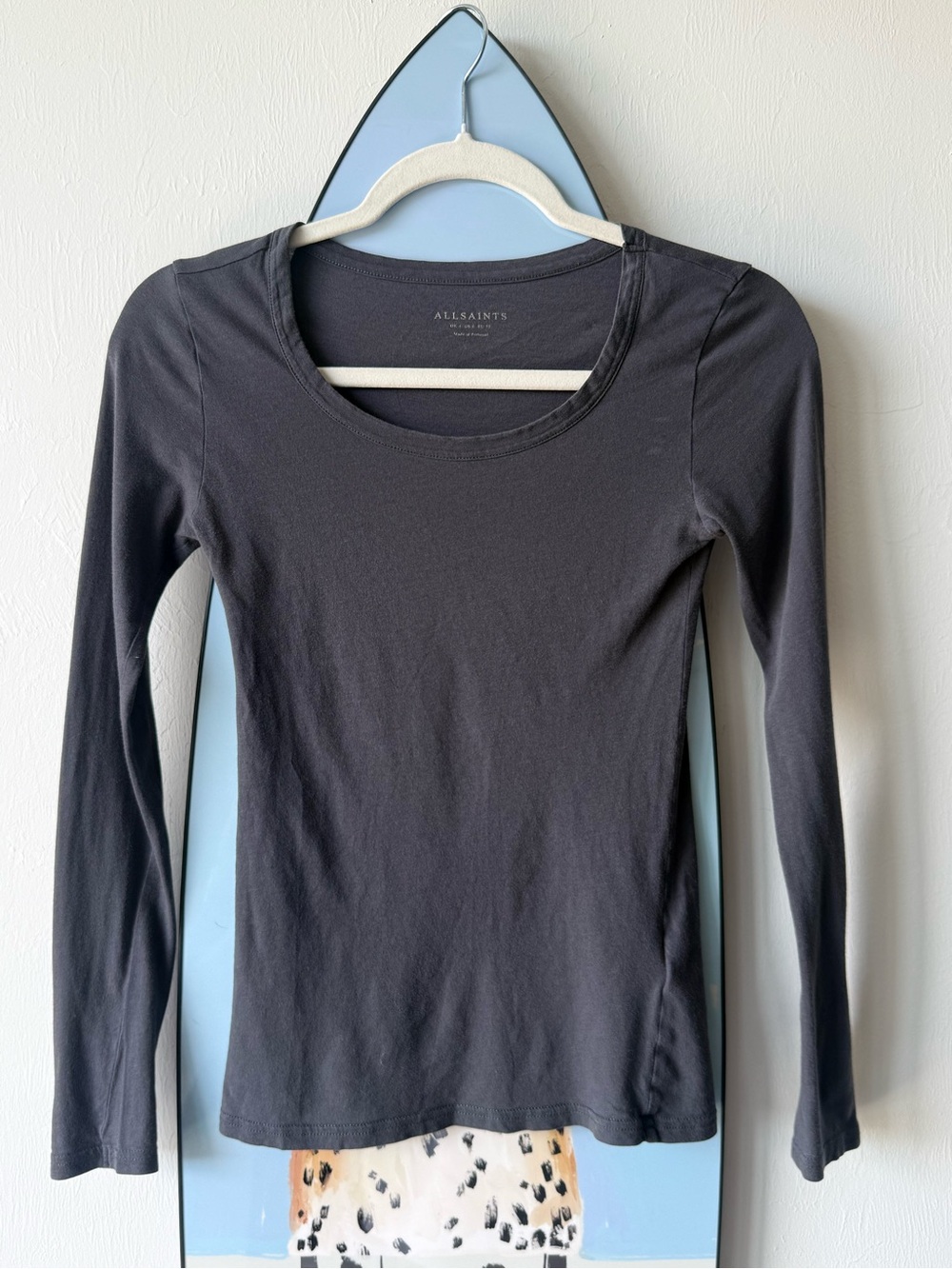 ALL SAINTS Long Sleeve 100% Cotton Dark Grey Scoop Neck T-Shirt